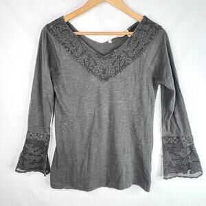 NWT Soft Surroundings Grey Boho Lace Trim Bell Sleeve Top Small